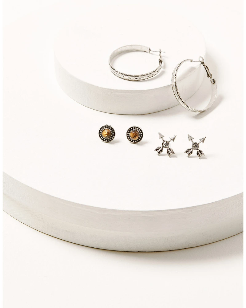 Shyanne Women's 3-piece Silver Concho & Arrow Hoop Earrings Set