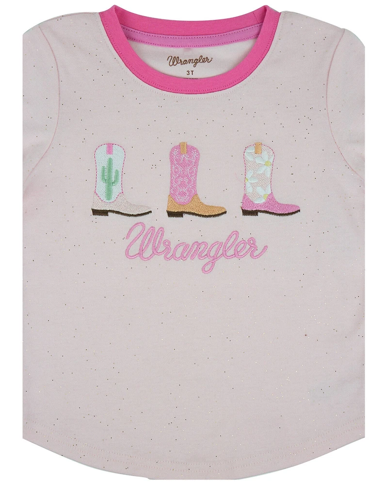 Wrangler Toddler Girls' Sparkle Cowgirl Boot Embroidered Long Sleeve Tee