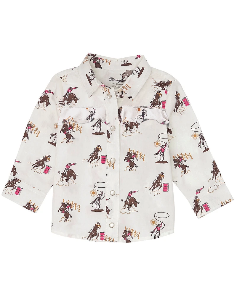 Wrangler Toddler Girls' Rodeo Print Long Sleeve Pearl Snap Western Shirt