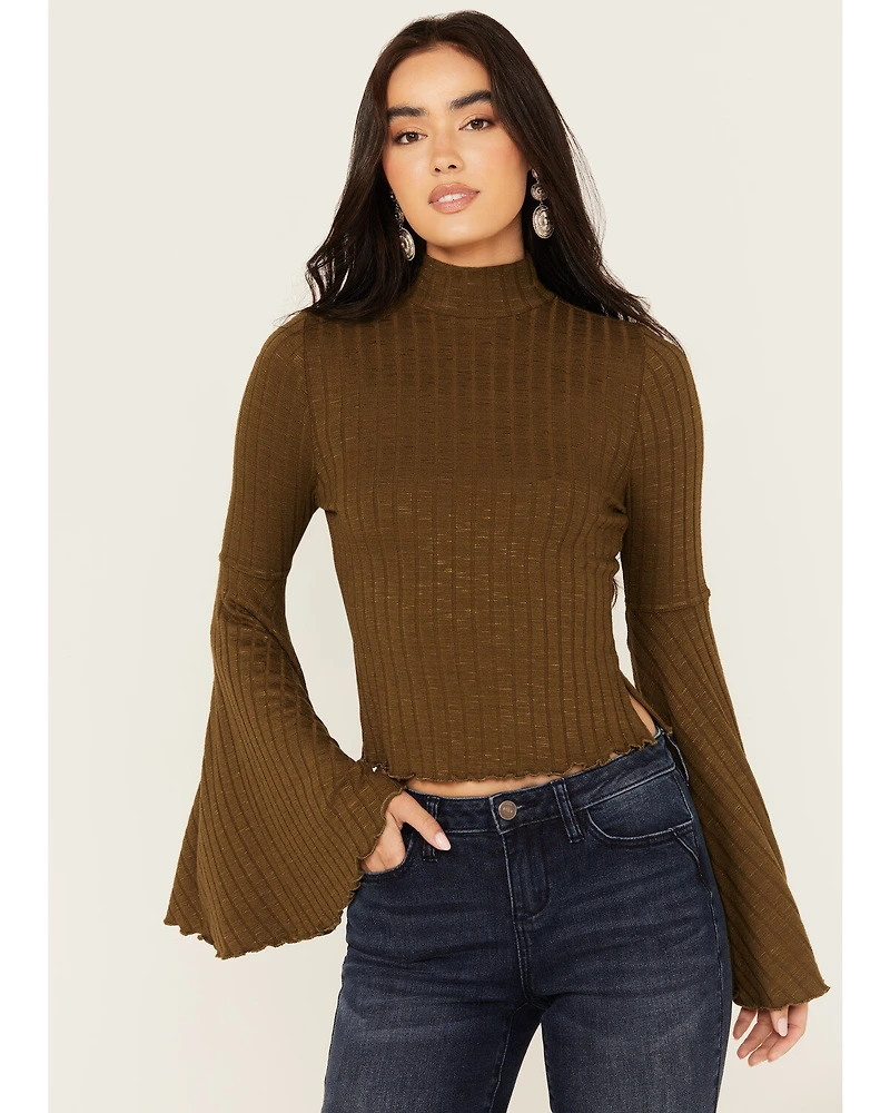 Shyanne Women's Rib Knit Mock Neck Bell Sleeve Top