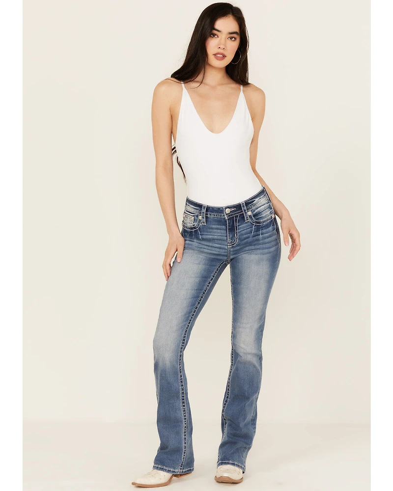 Miss Me Women's Fleur de Lis Medium Wash Mid Rise 32" Bootcut Stretch Denim Jeans