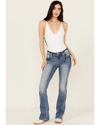 Miss Me Women's Fleur de Lis Medium Wash Mid Rise 32" Bootcut Stretch Denim Jeans