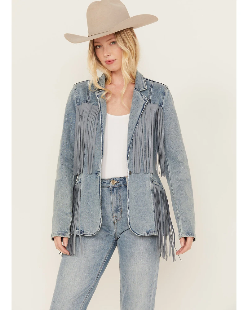 Rock & Roll Denim Women's Light Wash Stretch Fringe Blazer