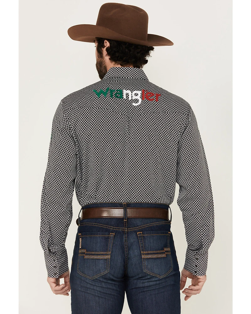 Wrangler Men's Mexico Logo Embroidered Geo Print Long Sleeve Snap Western Shirt
