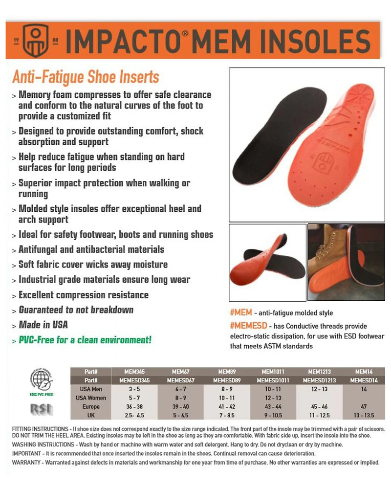Impacto Anti-Fatigue Memory Foam Insoles - Men's Size 10-11