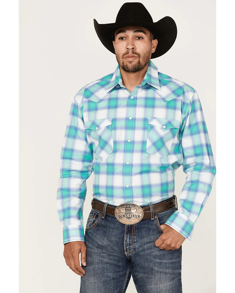 Rough Stock By Panhandle Men's Stretch Ombre Plaid Long Sleeve Pearl Snap Western Shirt