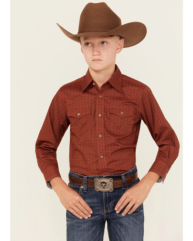 Wrangler Boys' Checkered Print Long Sleeve Snap Stretch Western Shirt