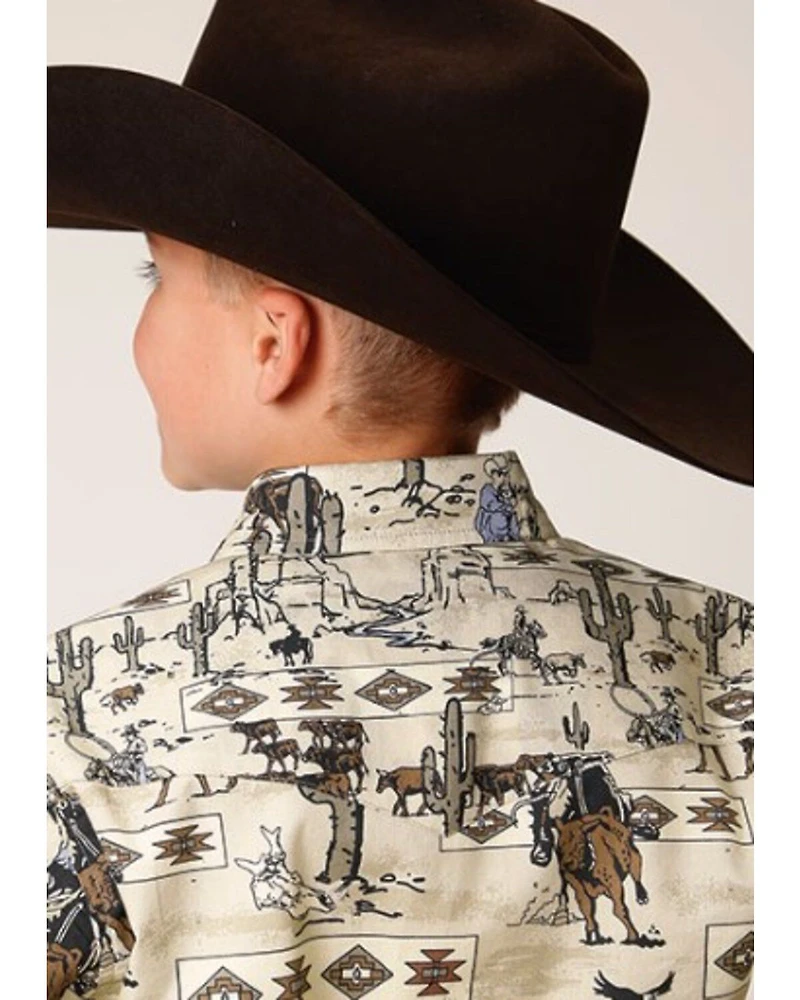 Roper Boys' Vintage Printed Long Sleeve Snap Western Shirt