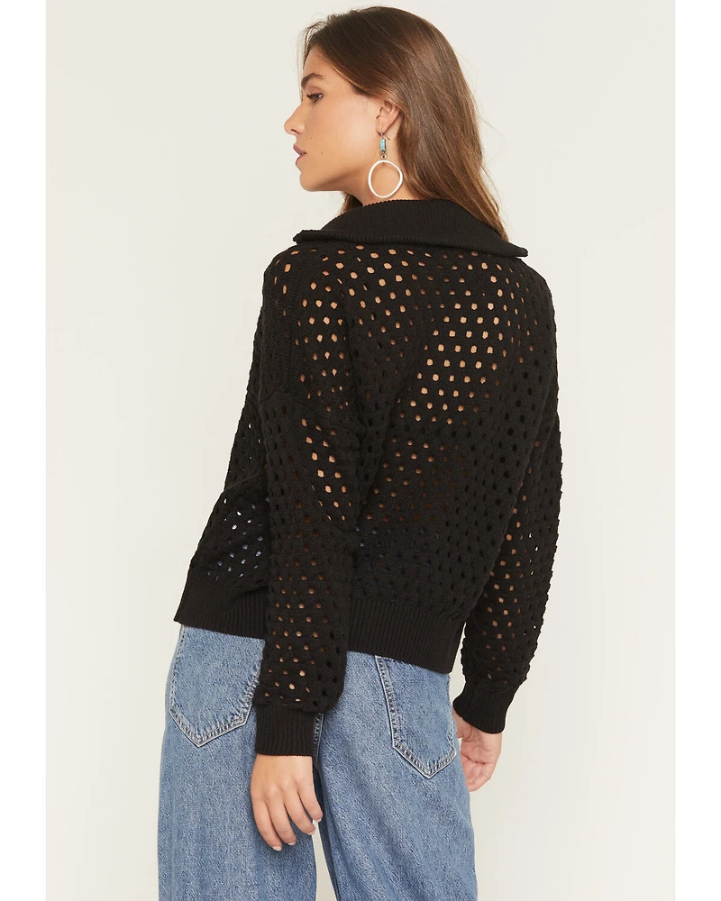 Elan Women's Crochet Half Zip Long Sleeve Sweater