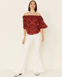 Shyanne Women's Chili Tile Print Tie Sleeve Off-Shoulder Top