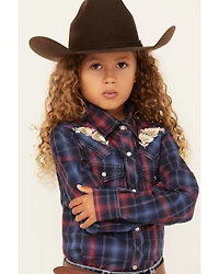 Ely Walker Girls' Plaid Print Rose Embroidered Long Sleeve Pearl Snap Western Shirt