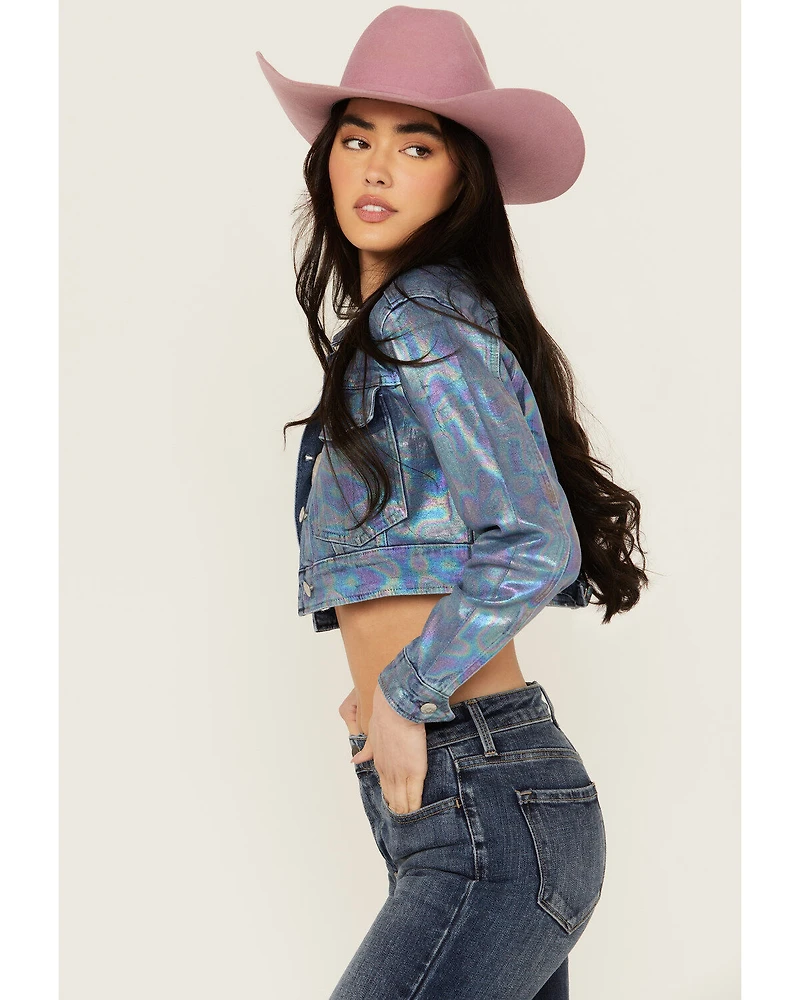 Vibrant Denim Women's Holographic Cropped Jacket