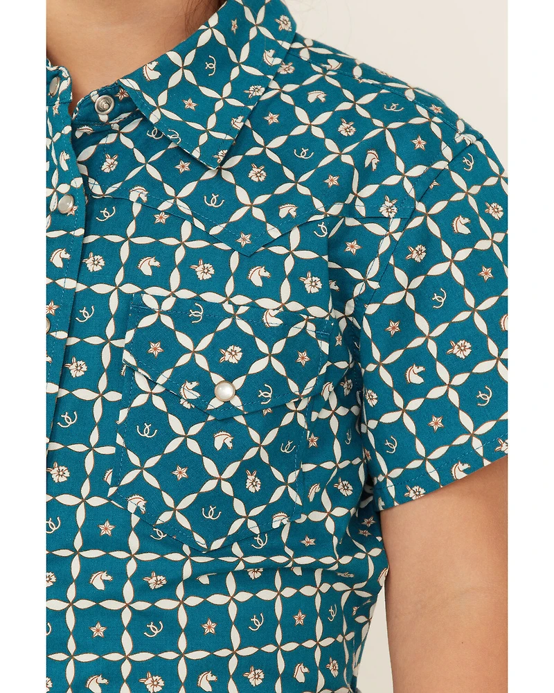RANK 45® Girls' Floral Horse Print Short Sleeve Pearl Snap Rodeo Shirt