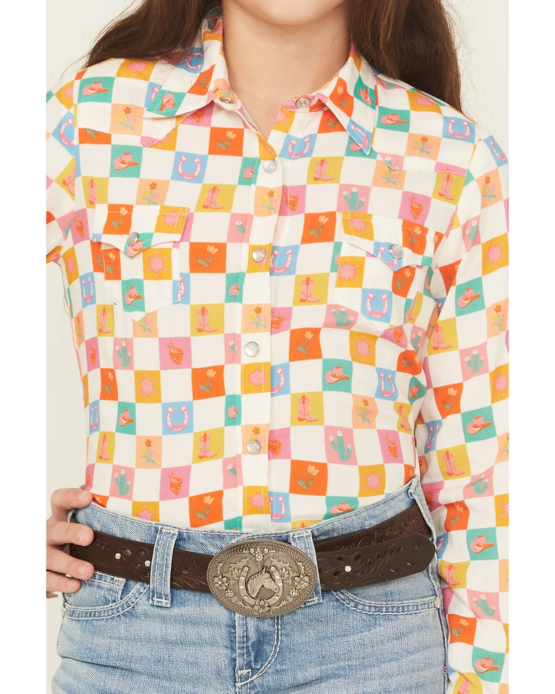 Roper Girls' Western Checkered Long Sleeve Pearl Snap Shirt