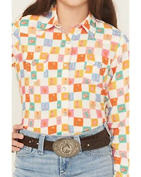 Roper Girls' Western Checkered Long Sleeve Pearl Snap Shirt