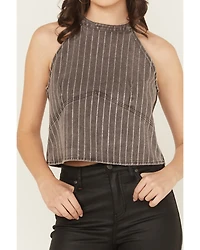 Blue B Women's Sleeveless Rhinestone Striped Halter Denim Top