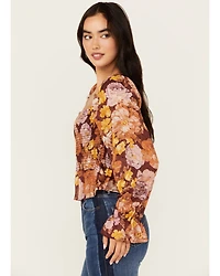 En Creme Women's Floral Print Shirred Long Sleeve Top