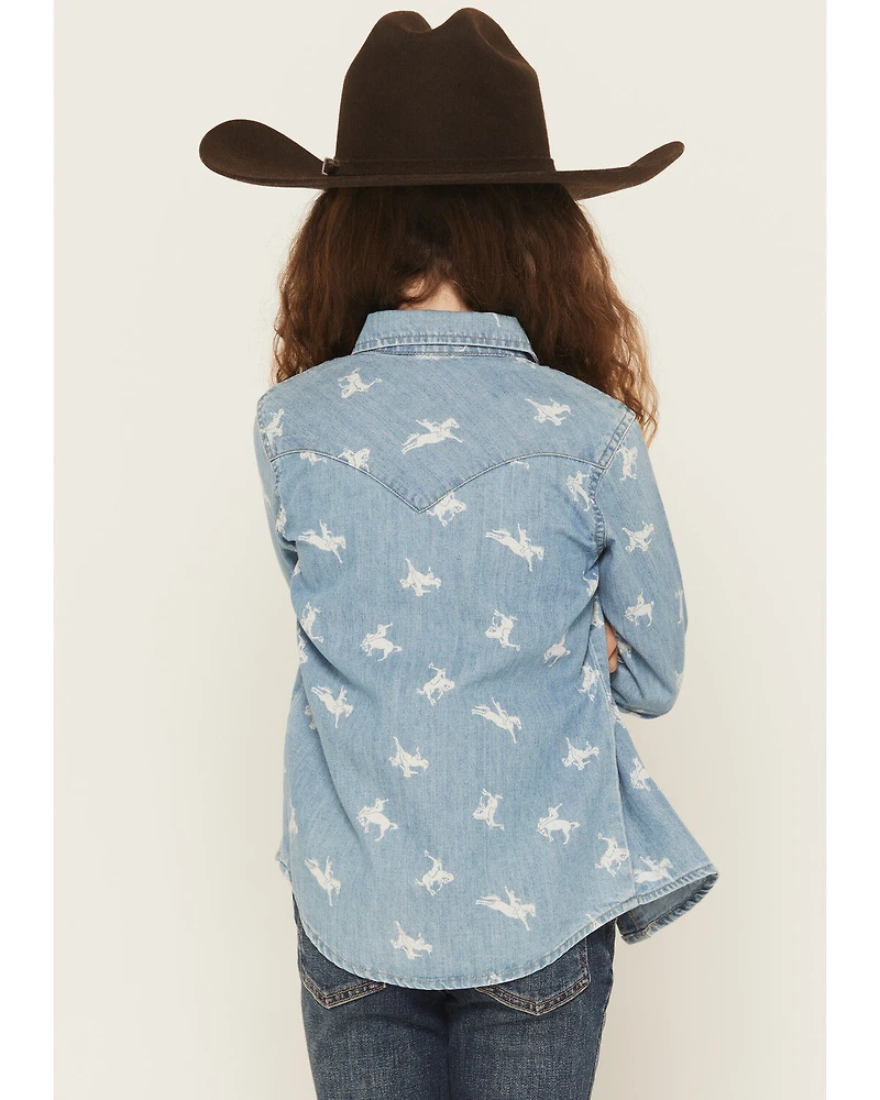 Wrangler Girls' Conversation Print Long Sleeve Snap Denim Western Shirt