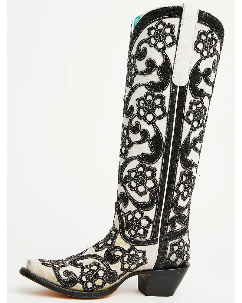 Corral Women's Floral Overlay Sequin Tall Western Boots - Snip Toe