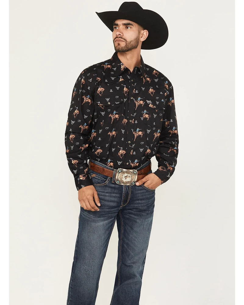 Cowboy Hardware Men's Vintage Bronco Print Long Sleeve Snap Stretch Western Shirt