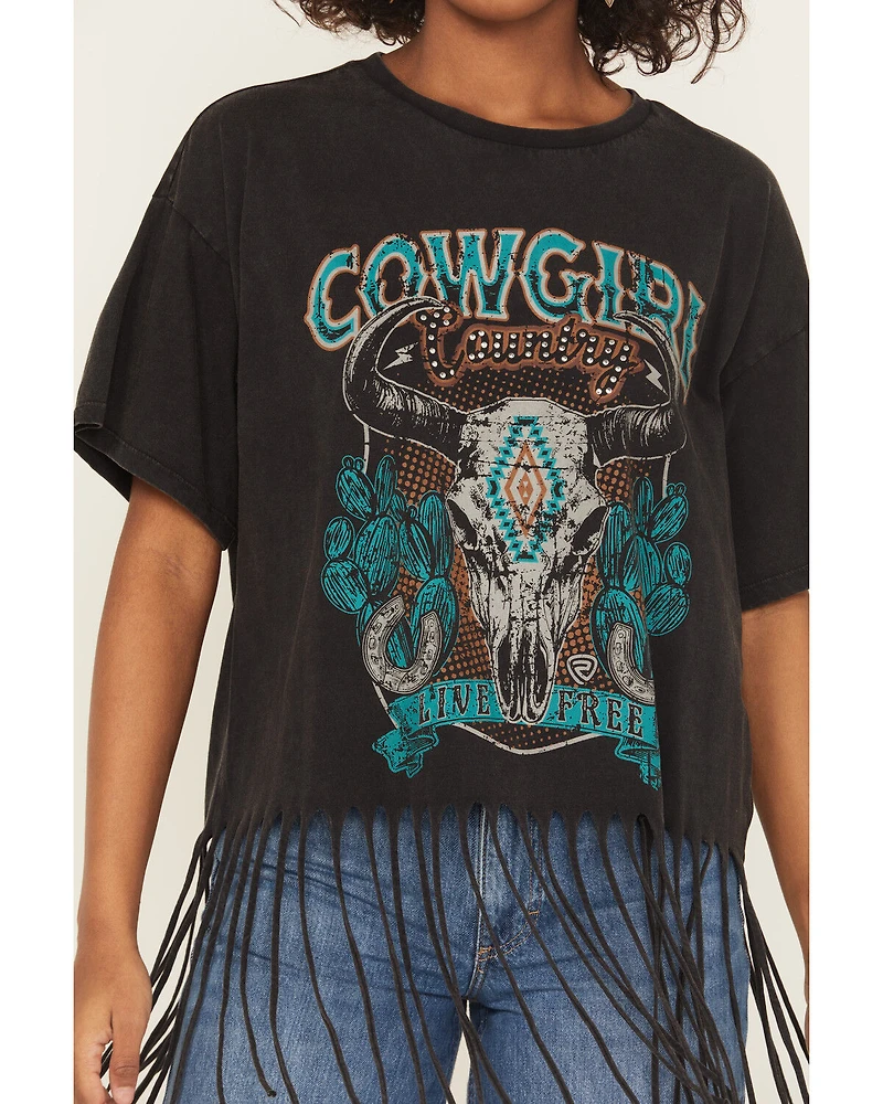 Rock & Roll Denim Women's Steer Short Sleeve Fringe Graphic Tee