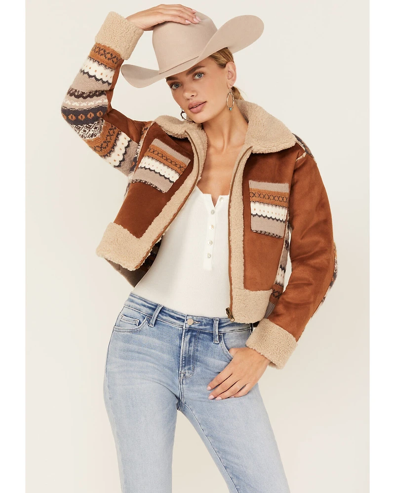 Cleo + Wolf Women's Cameron Southwestern Print Sweater Back Faux Suede Sherpa Lined Zip-Up Jacket