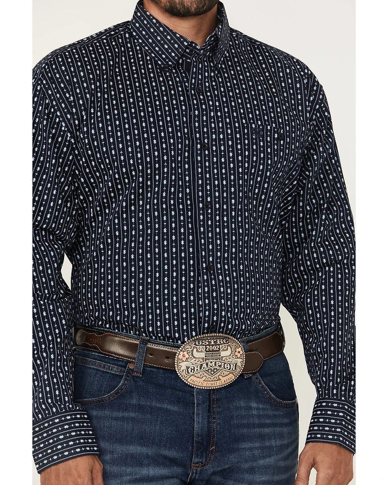 George Strait by Wrangler Men's Floral Striped Print Long Sleeve Button-Down Stretch Western Shirt - Tall