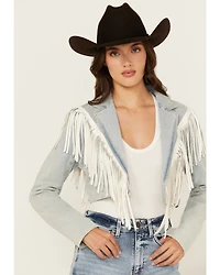 Azalea Wang Women's Halina Fringe Light Wash Cropped Denim Jacket