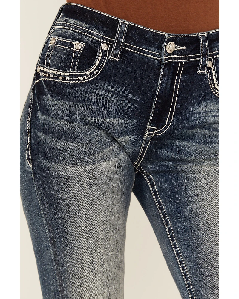 Grace LA Women's Medium Wash Wing Embroidered Mid Rise Bootcut Stretch Denim Jeans