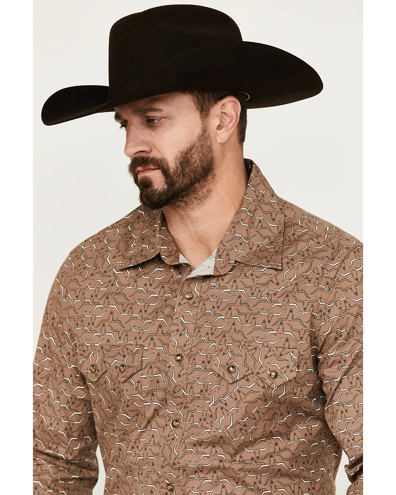 Rock & Roll Denim Men's Longhorn Print Long Sleeve Pearl Snap Stretch Western Shirt