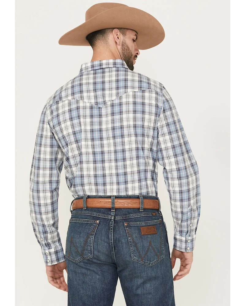 Blue Ranchwear Men's Meadow Plaid Print Long Sleeve Snap Western Shirt