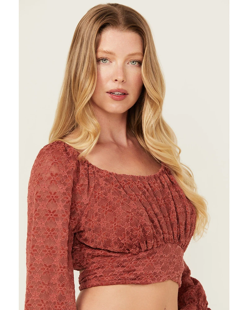 Beyond The Radar Women's Floral Lace Long Sleeve Tie Back Cropped Shirt