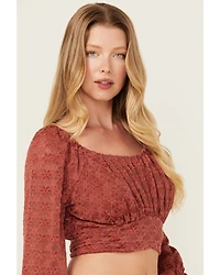 Beyond The Radar Women's Floral Lace Long Sleeve Tie Back Cropped Shirt