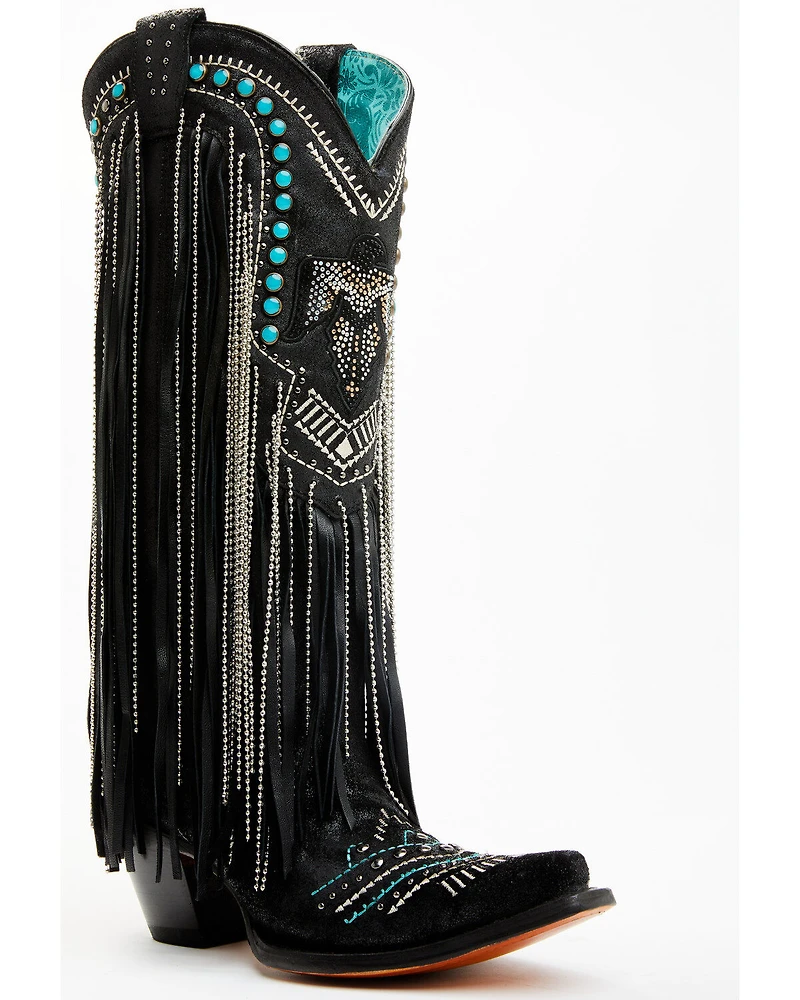 Corral Women's Embroidered and Crystal Eagle Fringe Western Boots - Snip Toe