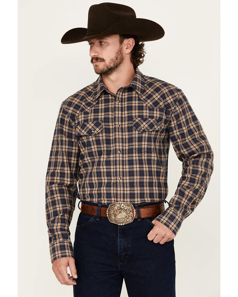 Blue Ranchwear Men's Burrow Plaid Print Long Sleeve Snap Western Shirt