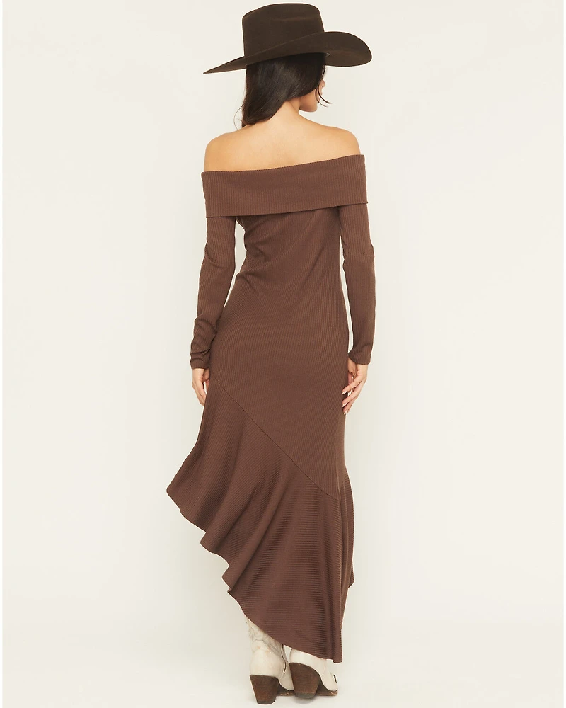 Shyanne Women's Rib Knit Off The Shoulder Long Sleeve Asymmetrical Dress