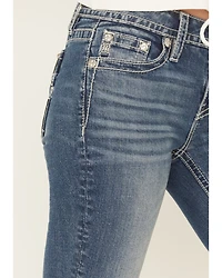 Miss Me Women's Dark Wash Mid Rise Pleather Border Flap Pocket 32" Bootcut Stretch Denim Jeans