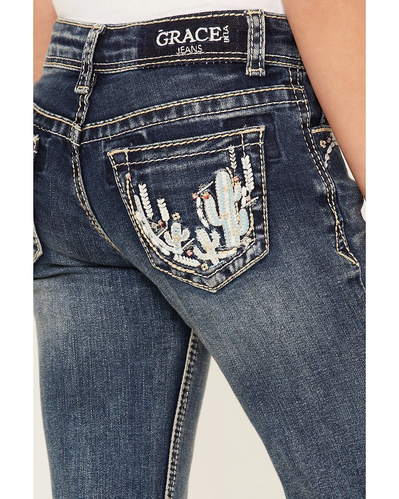Grace LA Girls' Medium Wash Mid Rise Embroidered Cactus Bootcut Jeans