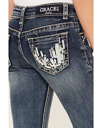 Grace LA Girls' Medium Wash Mid Rise Embroidered Cactus Bootcut Jeans