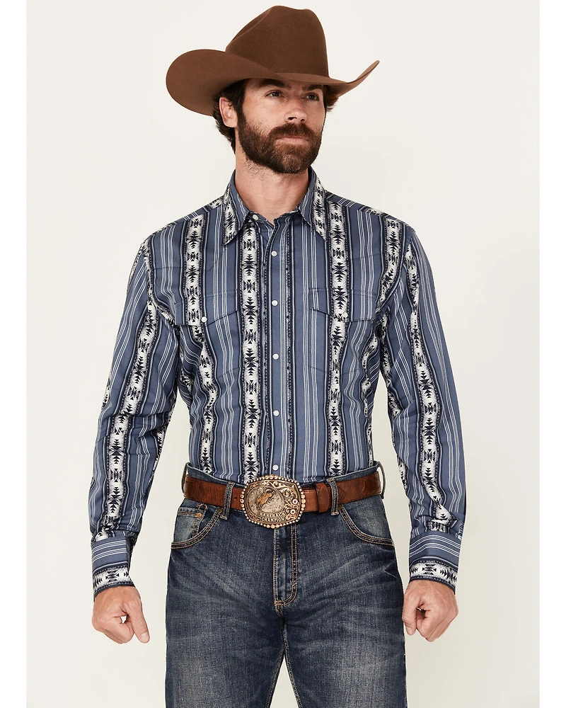 Wrangler Men's Checotah Southwestern Striped Print Long Sleeve Pearl Snap Western Shirt