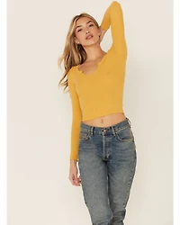 Wild Moss Women's Solid Long Sleeve Raw Edge Ribbed Knit Top