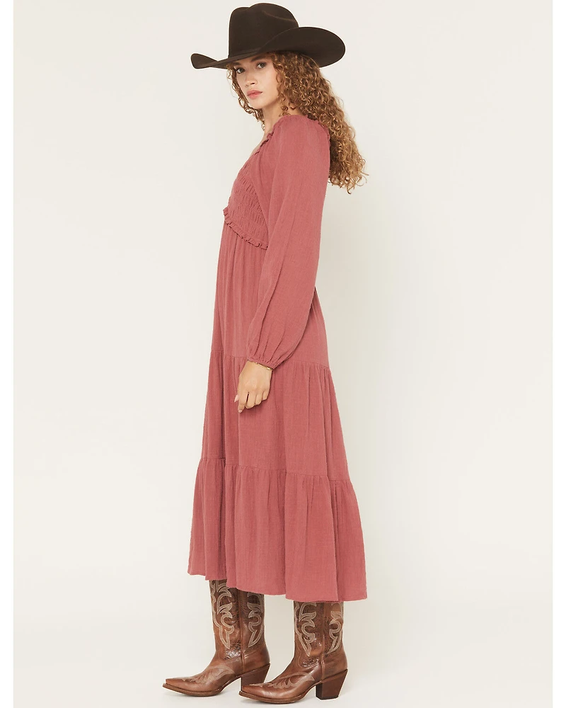 Yura Women's Long Sleeve Smocked Tiered Midi Dress