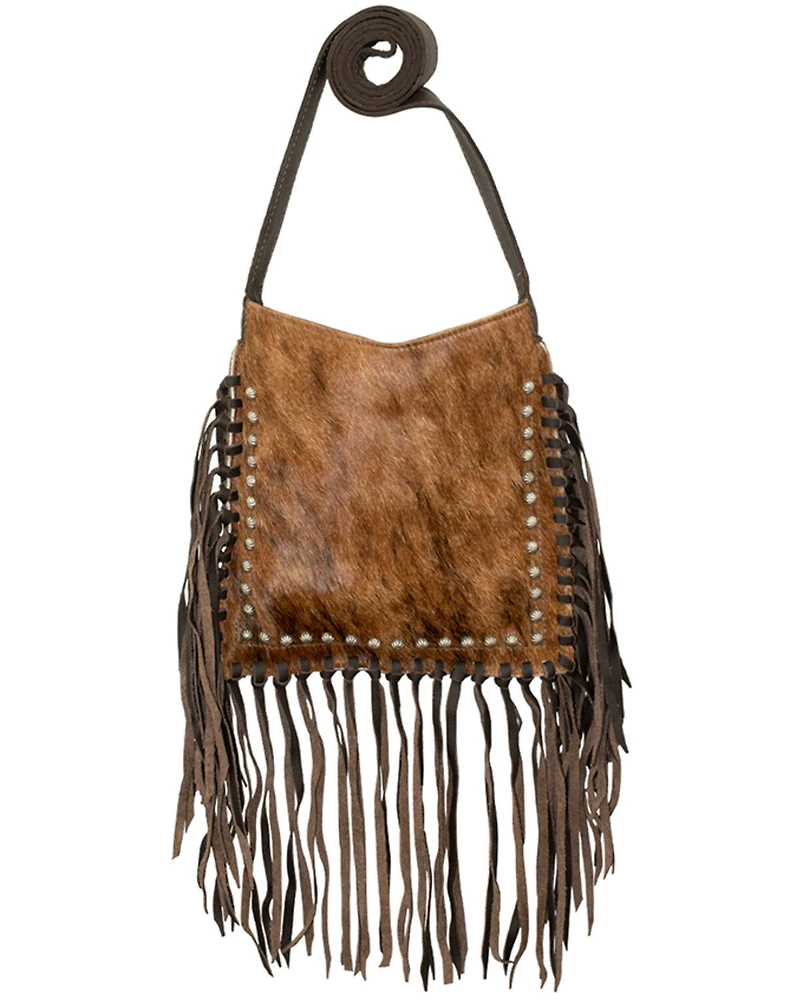 American West Women's Brindle Hair-On Studded Fringe Crossbody Messenger