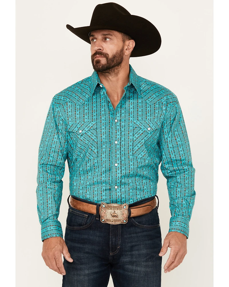 Rough Stock by Panhandle Men's Southwestern Striped Print Long Sleeve Pearl Snap Stretch Western Shirt