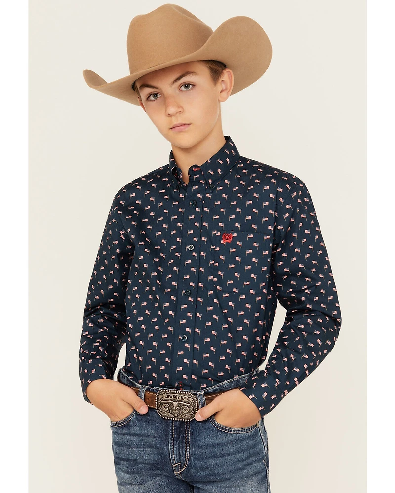 Cinch Boys' Flag Print Long Sleeve Button-Down Western Shirt