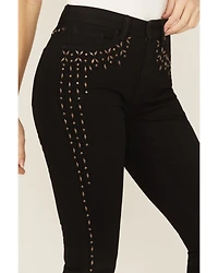 Wonderwest Women's Rigid Like Black Studded High Rise Bootcut Stretch Denim Jeans