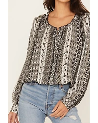 Wild Moss Women's Lurex Striped Long Sleeve Peasant Top
