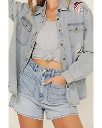 Blue B Women's Light Wash Denim Western Patchwork Long Sleeve Button-Down Shirt