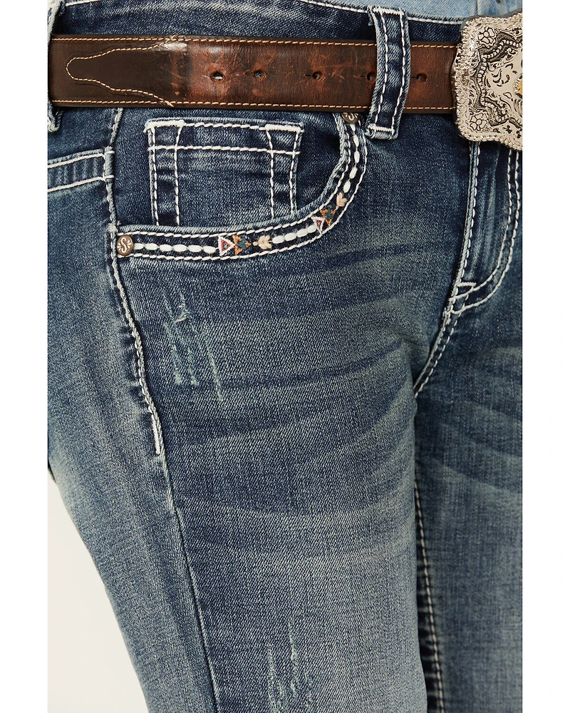 Shyanne Girls' Cowhide Steer Head Light Wash Faded Stretch Bootcut Jeans