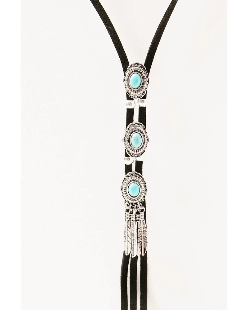 Shyanne Women's Leather Layered Turquoise Beaded & Silver Concho Fringe Charm Necklace